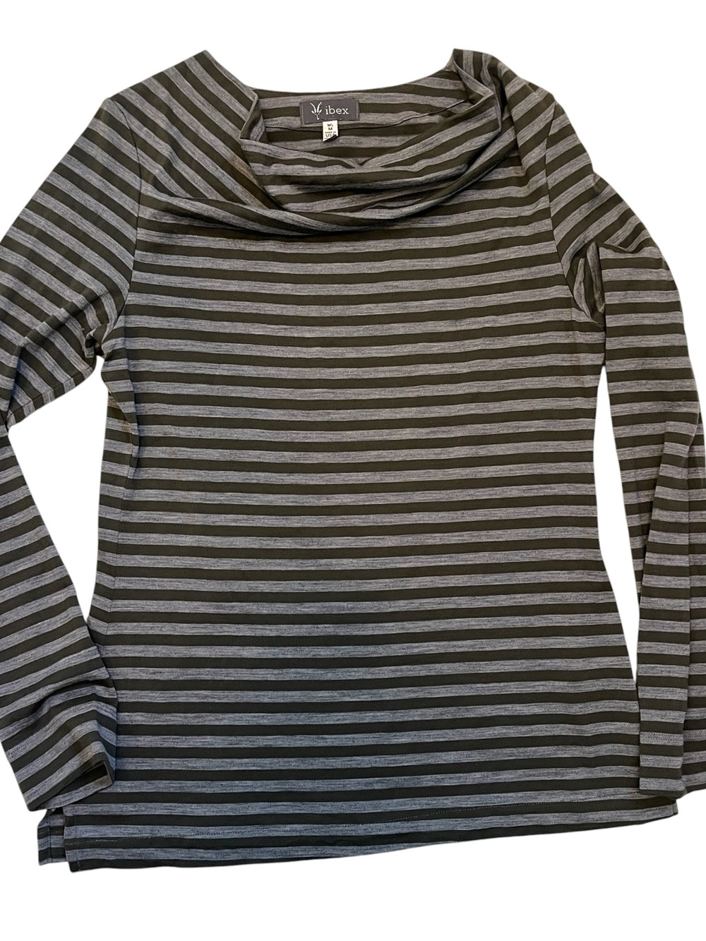 Ibex Diana Cowl Neck Merino Wool Long Sleeve Top Gray Green Stripe Women’s M